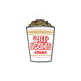 An enamel pin depicting a classic cup of instant ramen noodles, featuring the text 'CUP NOODLE' in red with Japanese katakana text below, on a plain white background.